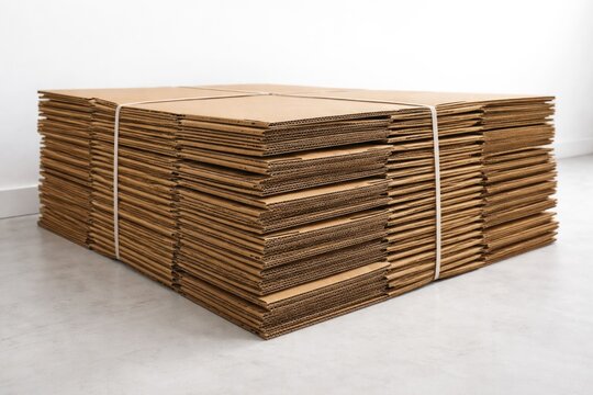 Neatly stacked flattened corrugated cardboard boxes placed on white floor from side angle