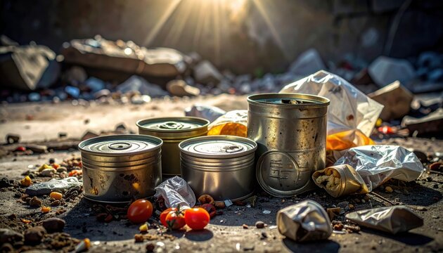 Discarded Ration Tins and Food Wrappers Scattered on Gritty Ground Under Sunlight