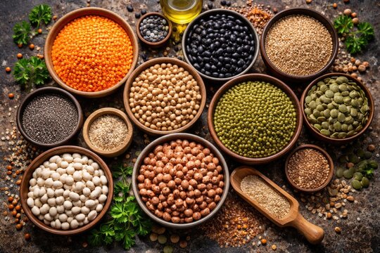Birds eye image of assorted legumes and seeds as plant protein examples