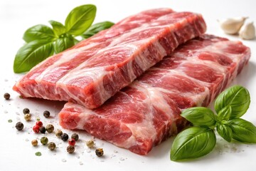 Fototapeta premium Fresh Raw Pork Ribs with Basil and Colorful Peppercorns on White Surface