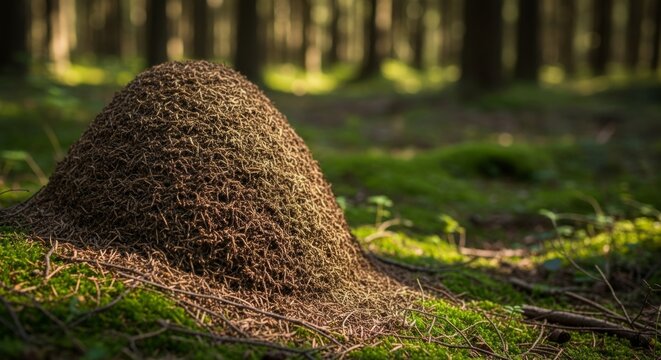 Anthill in Forest with Moss and Sunlight - Natural Structure