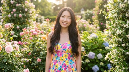 Fototapeta premium Beautiful young woman in a floral dress smiling in a blooming flower garden during golden hour