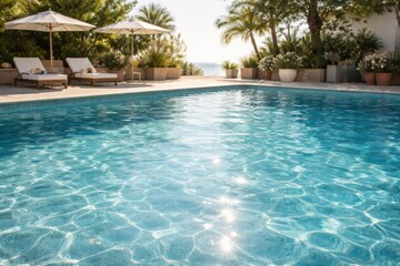 Obraz premium Tranquil swimming pool scene featuring clear blue water and soft sunlight reflections with minimal vacation ambiance