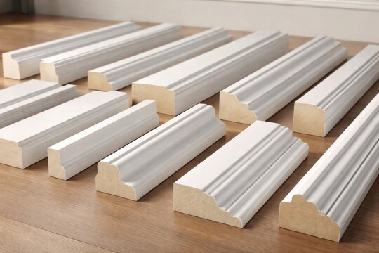 Various shapes of realistic white baseboards displayed on a clean surface
