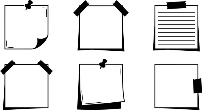 Black and white sticky note vectors with paper tape and push pins