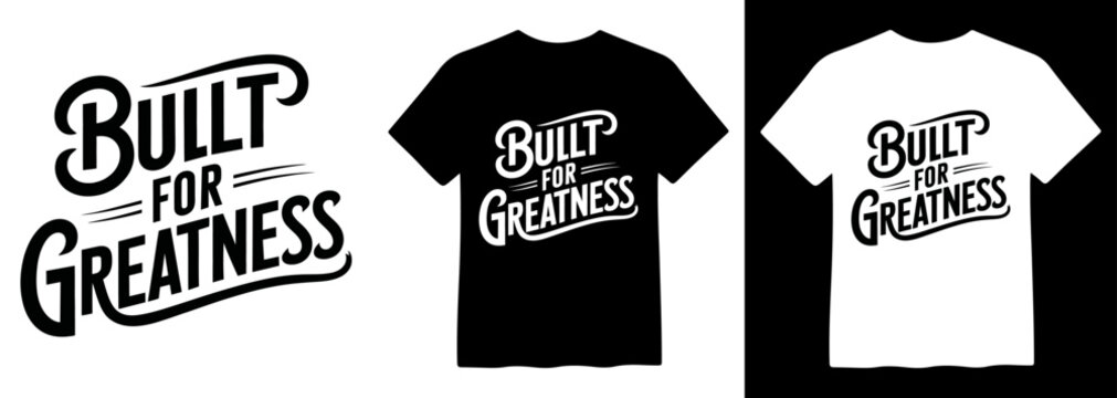 Vintage-inspired "Built for Greatness" typography design, a bold black and white vector graphic for apparel, t-shirts, and merchandise, with a classic retro script font.