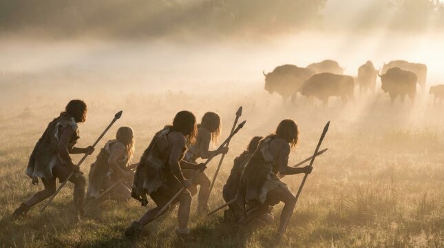 Group of prehistoric cavemen with spears hunting wild bison in a foggy field at sunrise