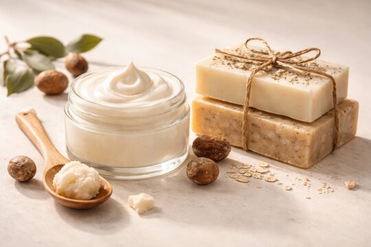 Moisturizing shea butter cream and handmade soap on a pale minimal background