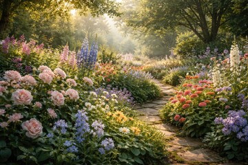 Fototapeta premium Tranquil Floral Garden Showcasing Diverse Blossoms Amidst Peaceful Nature