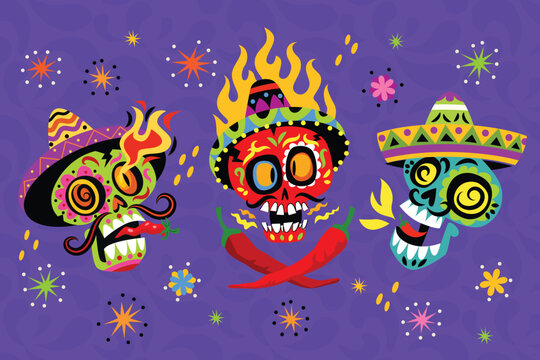 Set of Fiery Fiesta Skull Trio