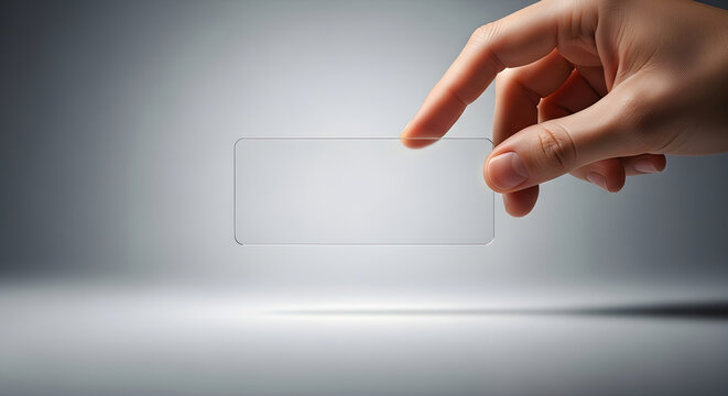 A human hand reaches down towards a small white square object on a reflective surface suggesting interaction
