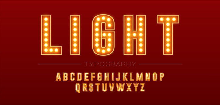 Glowing alphabet typography with light bulbs on red background. Golden retro neon font for headline, signage, poster and display design