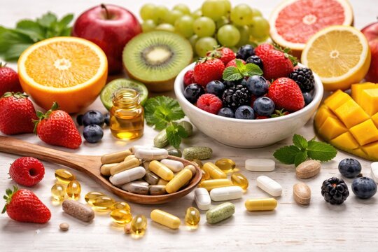 White wood surface featuring fresh fruit and dietary supplements
