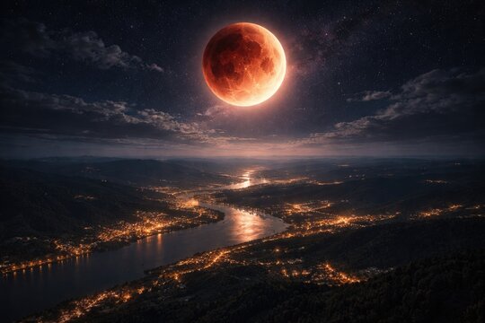 High angle shot of illuminated landscape during total supermoon eclipse event