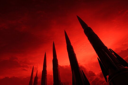 Dark Silhouette of Nuclear Missiles Against a Red Background Highlighting Global Threat in Modern Times