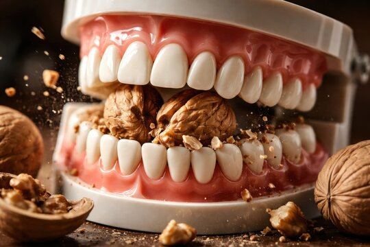 Medical denture model breaking tough walnut shells illustrating dental strength