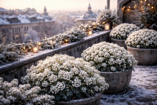 Winter rooftop view with white sweet alyssum blooms grouped like bouquets