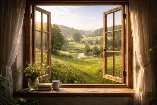 Calm pastoral vista through open window with wooden frames welcoming nature into serene interiors