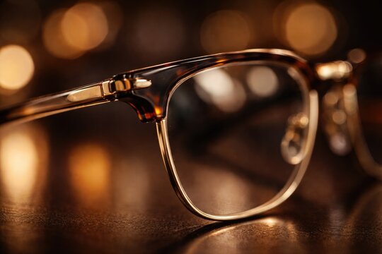 Macro shot of designer eyeglass frame with ambient blurred lights illustrating current eyewear designs