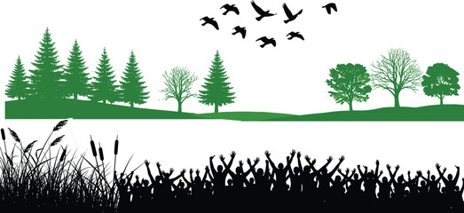 Nature landscape silhouettes set, green forest trees, flying birds, grass reeds, crowd cheering people, vector illustration isolated design elements © Hello World