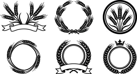 Fototapeta premium Black and white wheat wreaths and ribbons vector art set