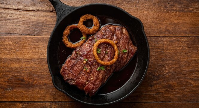 Top view of Filipino dry aged Angus bistek tagalog steak served with crispy onion rings and soy sauce in a cast iron skillet