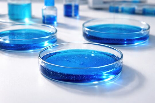 Close up of cobalt chloride solution samples in Petri dishes displayed on white surface for science