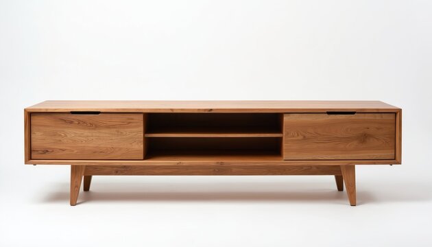 Modern wooden TV stand with drawers and shelves. Minimalist media console on white background. Stylish home furniture for living room. TV unit.