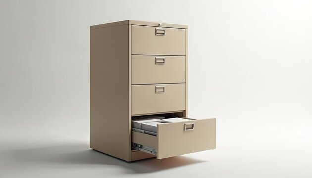 Beige metal four-drawer filing cabinet with one drawer open showing papers. Object isolated on light gray studio background. Modern furniture for document organization.