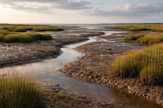 Wide view of mudflats in salt marsh during low water