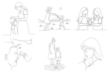 Obraz premium Continuous line art of mother and child interacting with animals like turtles and playing with ball or teddy bear in minimal drawing.