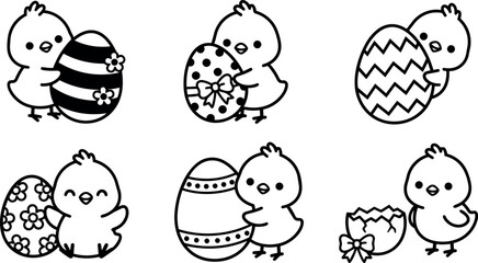 Fototapeta premium Black and white line art cute chicks with decorated easter eggs and broken egg shell