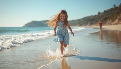 Naklejka premium Young girl runs on wet sand by the ocean, splashing water. Her long hair blows in wind. Adult man walks in background on sunny beach. Family vacation.