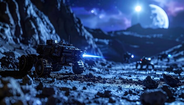 Sci-fi combat mech fires laser on alien rocky terrain under starlit night sky