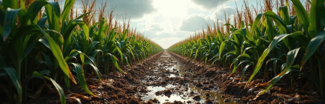 Vast maize field path with abundant green stalks under cloudy sky. Wet mud and puddles line the way. Crops show signs of stress, possibly from weather.