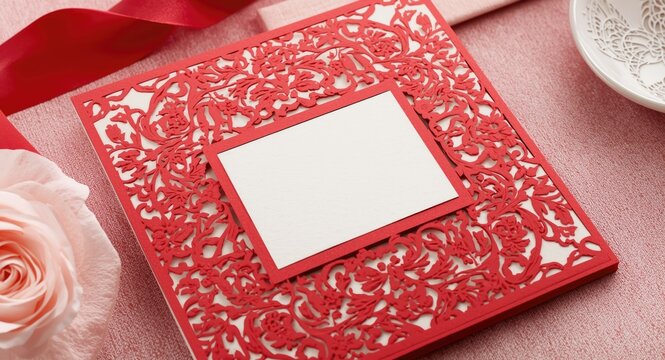 Sophisticated floral laser cut gate fold invitation with elegant red design and reserved blank area for text
