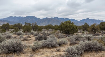 Obraz premium Sparse trees and shrubs lead to mountains seen in the distance
