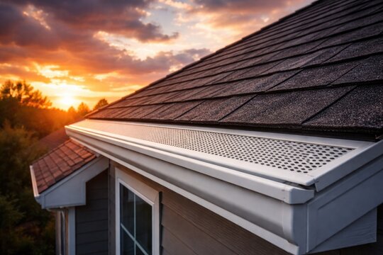 Sloped roof attic with white gutter guard system and gray vinyl fascia drip edge during dramatic sunset