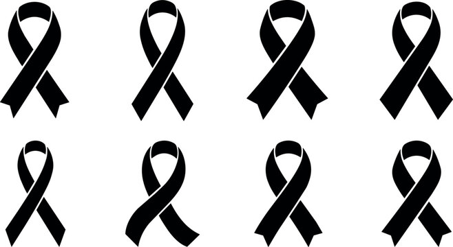 Black awareness ribbons set of eight flat vector icons