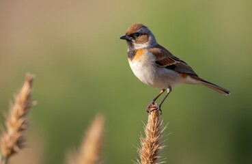 Fototapeta premium Small bird with orange throat perches on dry grass stalk. Wildlife macro shot shows avian detail in natural outdoor habitat. Birdwatching scene features one feathered creature.
