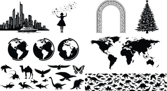 Silhouette mega collection, city skyline, fairy magic, arch frame, Christmas tree, globe earth, animals dinosaurs, vector illustration elements set
