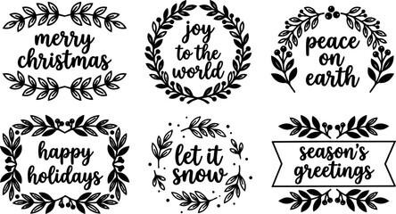 Fototapeta premium Black and white script lettering christmas phrases with floral frames and wreaths