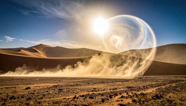 Dust devils swirl under a blazing sun amidst shimmering heat distortions on barren desert dunes, showcasing extreme arid conditions.