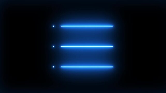 Neon Hamburger menu icon set animation for web designs and mobile app. Glowing Animation of Bars and dots. Editable animation Vector set of menu button