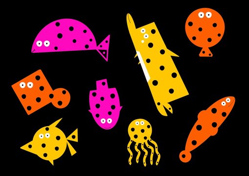 Naive art collection of marine animals with dots pattern. Black Background.