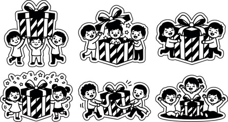 Fototapeta premium Black and white children with gift boxes in playful celebration vector line art