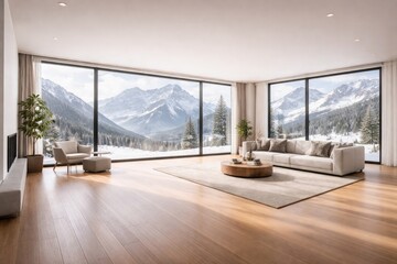 Fototapeta premium Spacious minimalist room featuring sleek hardwood flooring and large windows framing a winter mountain vista