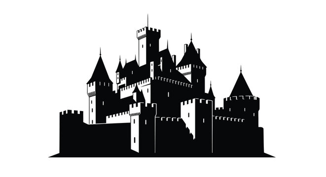 A striking black silhouette of a medieval castle with multiple towers