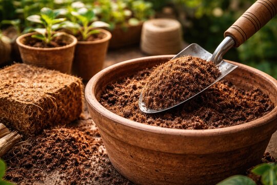 Gardening with coconut fiber based dry coco peat as soil substitute accompanied by hand trowel