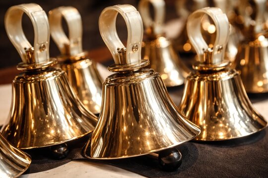 Detailed shot of gleaming handbells positioned closely